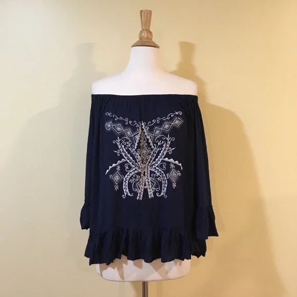 Embroidered Ruffled Hem and Cuffs Off Shoulder Top - Picture 5 of 7
